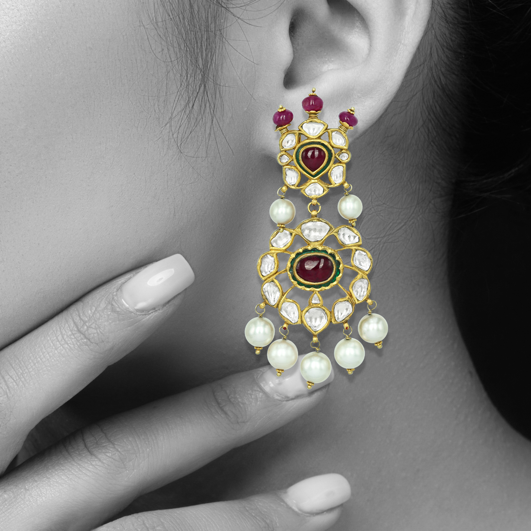 Polki Choker Set with Ruby Cabochons, Pearl Drops, and Pendant